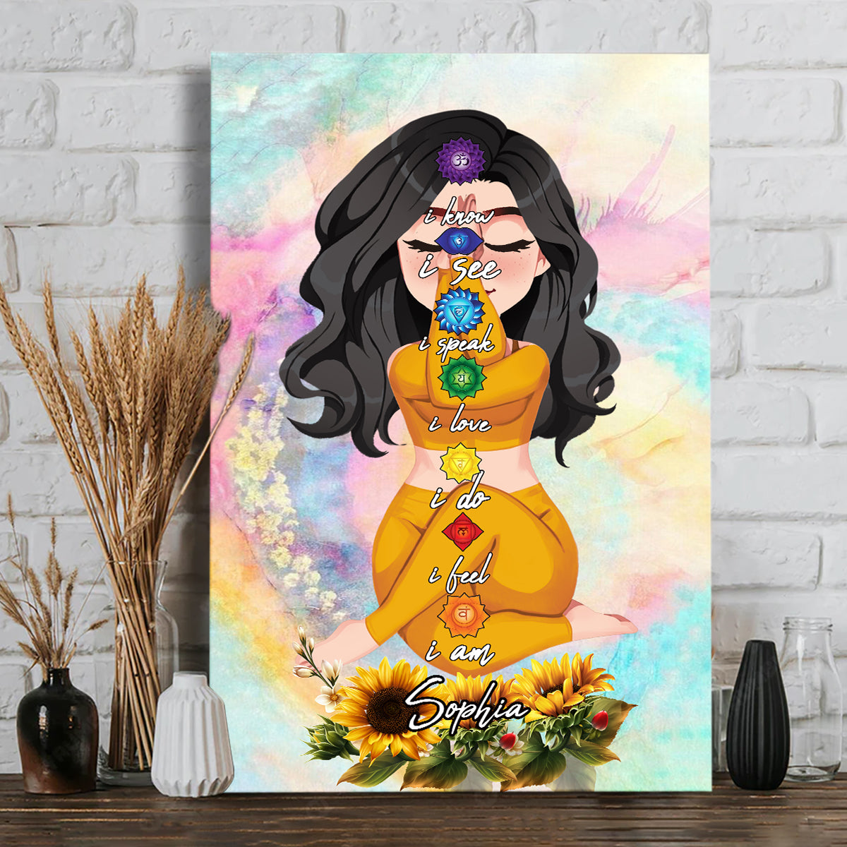 Je sais, je vois, je parle, j'aime, je fais, je sens, je suis - Toile et affiche de yoga personnalisées