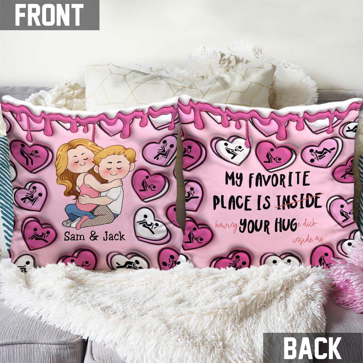 Mon endroit préféré, c'est dans tes câlins - Coussin décoratif personnalisé pour couple « Cœur de bonbons »