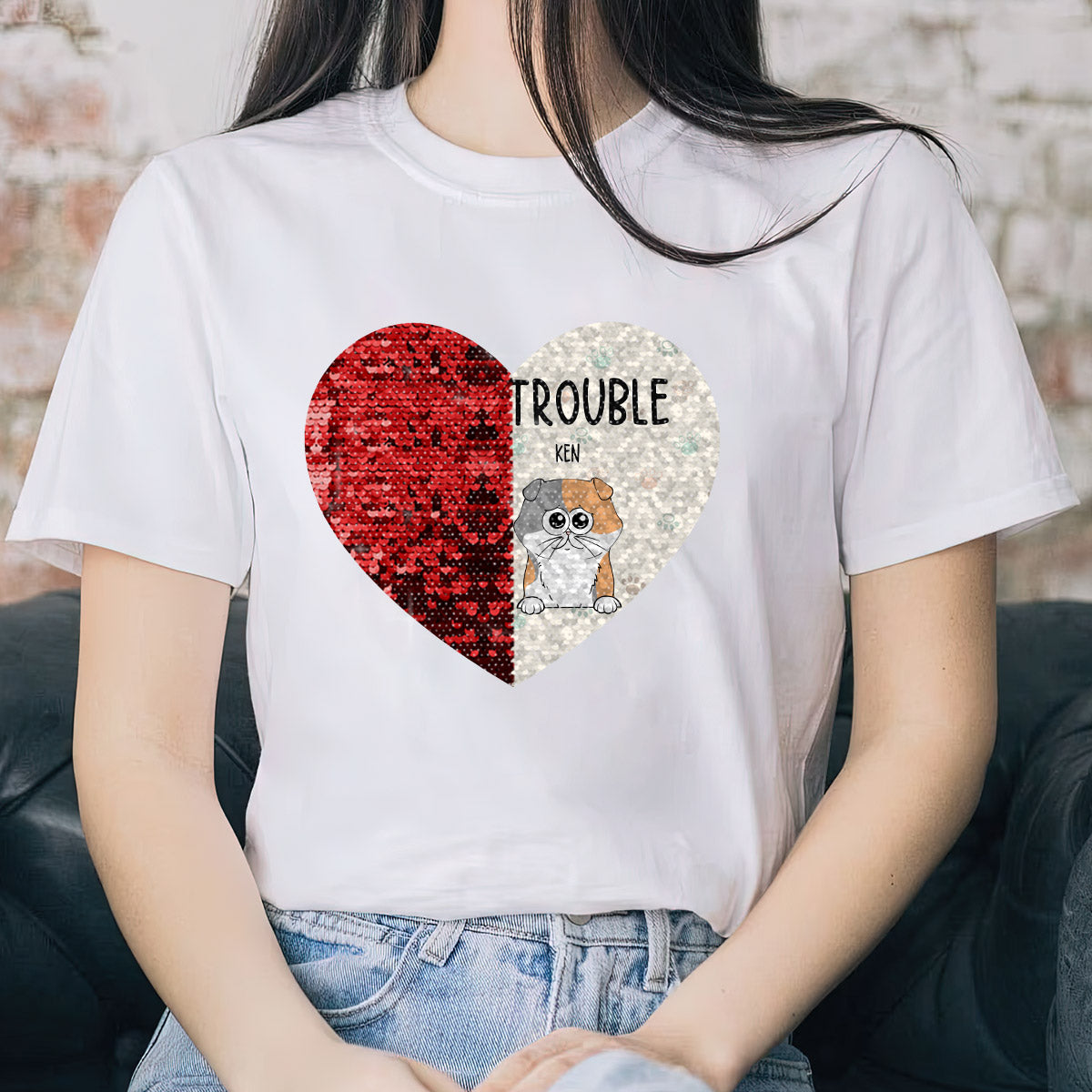 Double Trouble - Cadeau pour les amoureux des chiens - T-shirt à sequins personnalisé