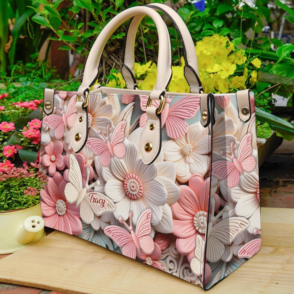 Papillons et fleurs - Sac à main en cuir personnalisé avec papillon