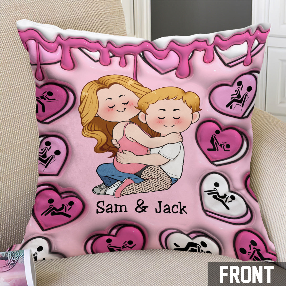 Mon endroit préféré, c'est dans tes câlins - Coussin décoratif personnalisé pour couple « Cœur de bonbons »