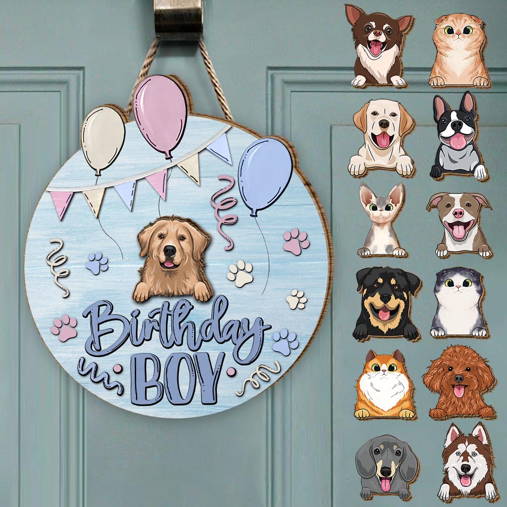 Panneau en bois personnalisable pour anniversaire (garçon/fille, animal de compagnie : chat/chien) - Panneau en bois interchangeable avec motif chien
