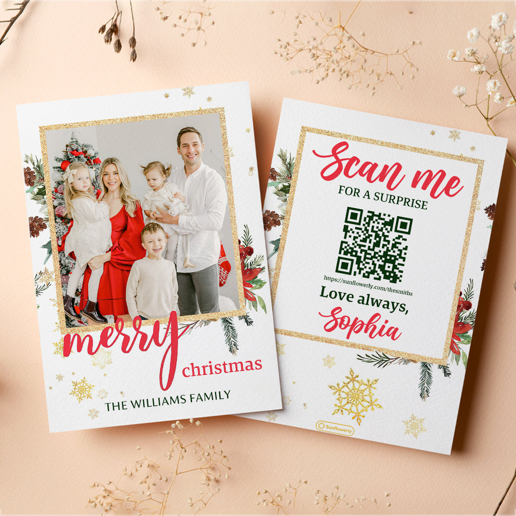 Carte de vœux personnalisée avec QR code et paillettes dorées pour Noël