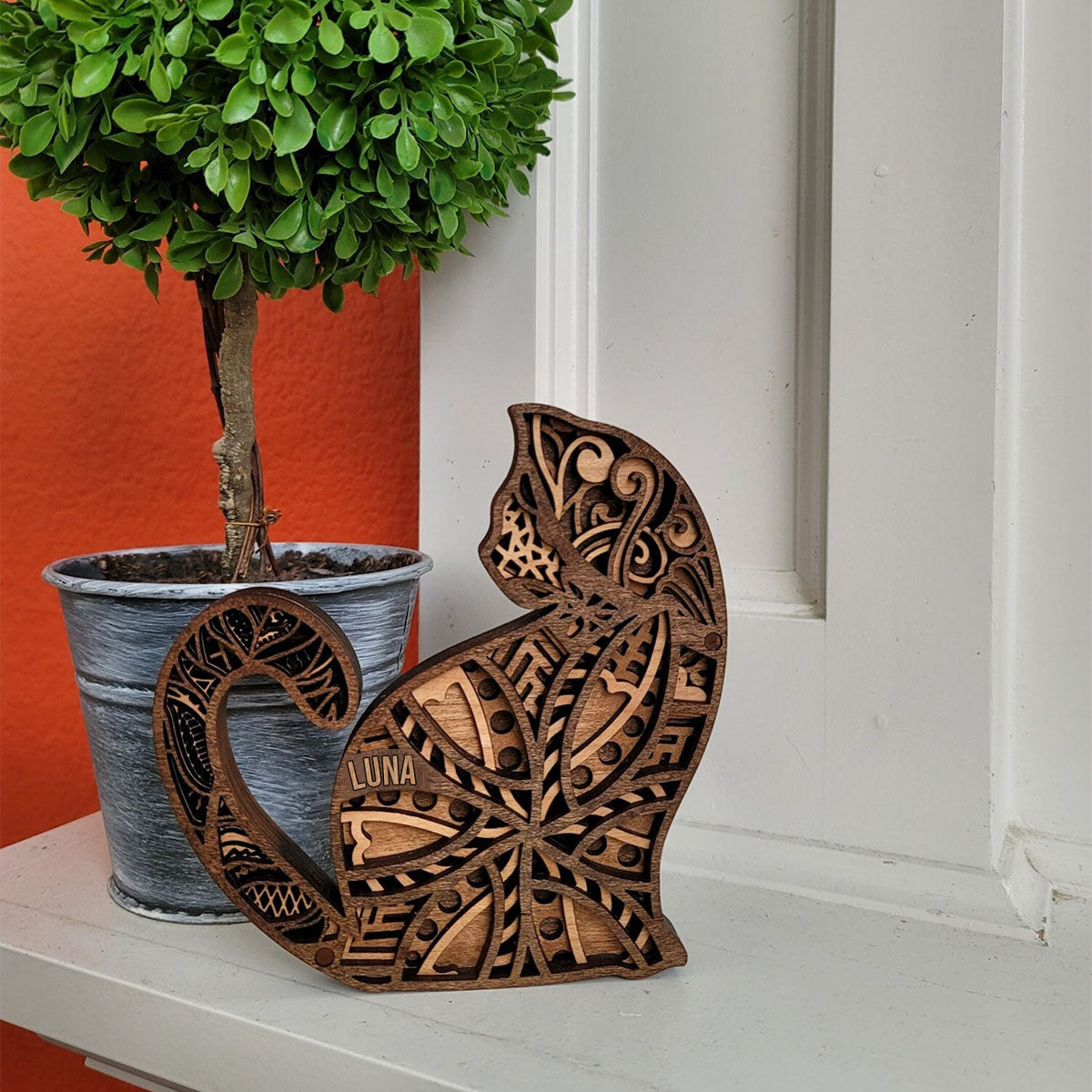 Sculpture de chat en bois personnalisée et artisanale - Chat personnalisé en bois à 4 couches