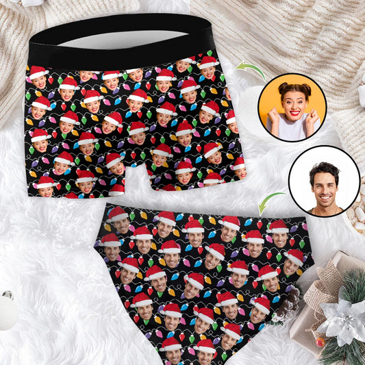 Any Photo Upload Colorful Christmas Light - Personalized Couple Women Briefs & Men Boxer Briefs