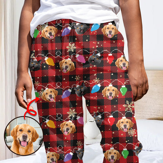 Guirlande lumineuse de Noël avec adorables visages de chiens et de chats - Cadeau pour les amoureux des chiens et des chats - Pyjama à boutons personnalisé