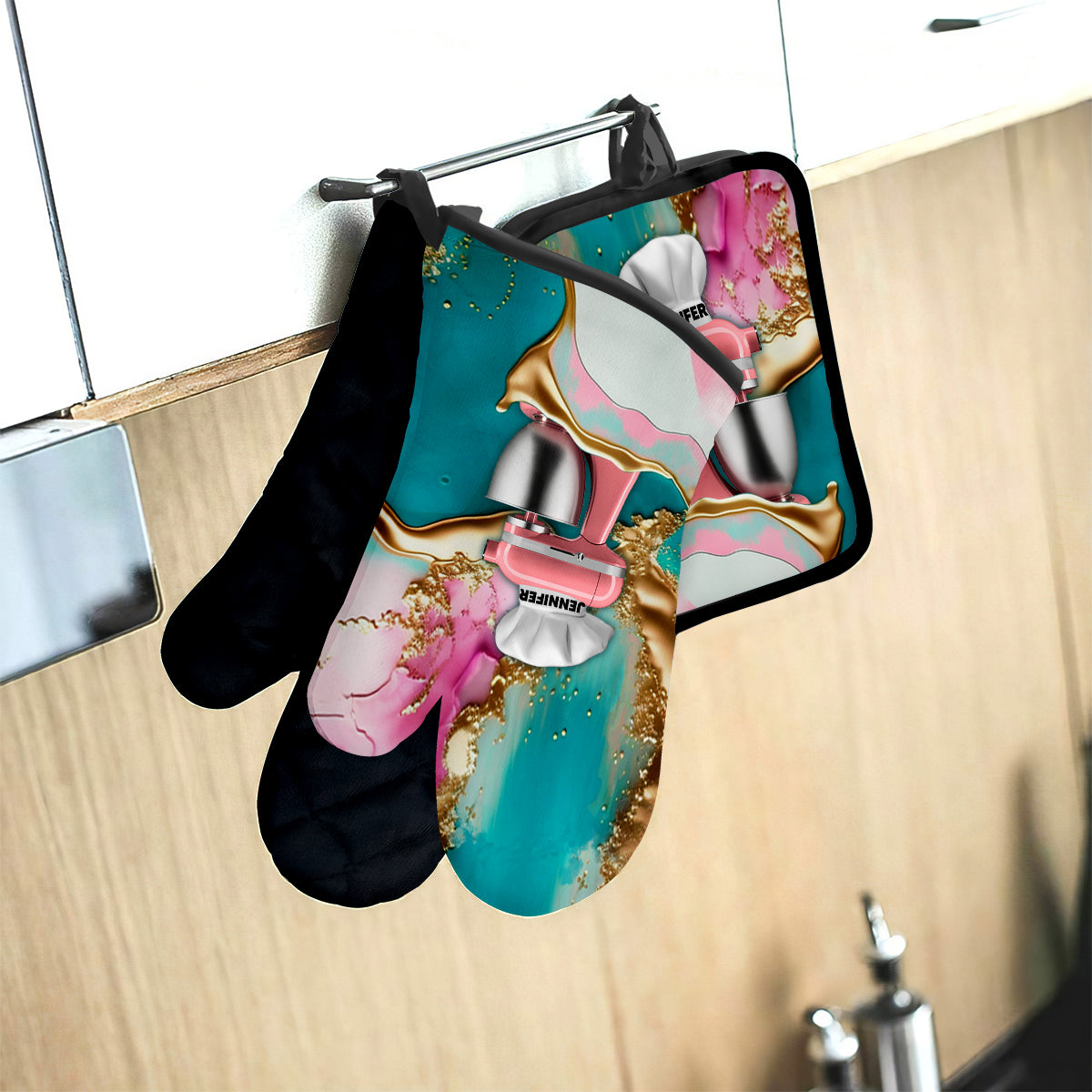 Ensemble de gants de cuisine et maniques personnalisés « Love Baking »