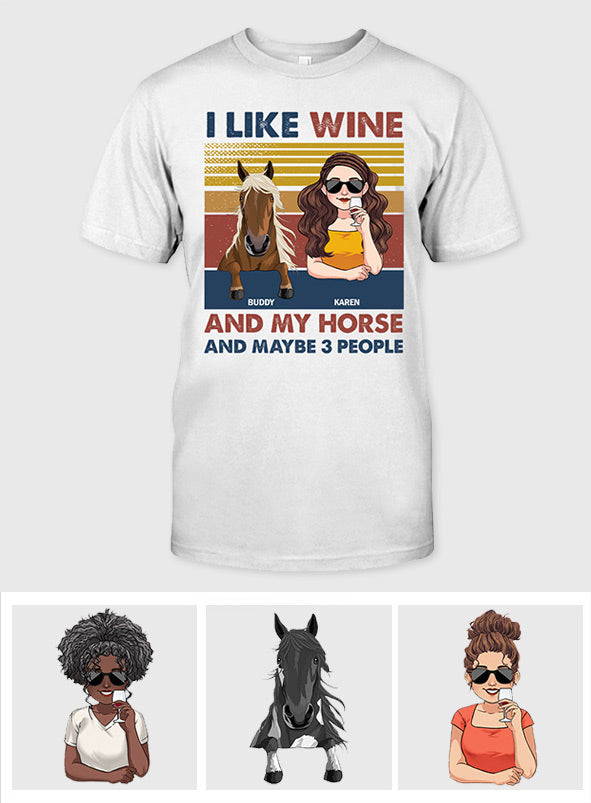 J'aime le vin et mon cheval - T-shirt et sweat à capuche personnalisés avec motif cheval