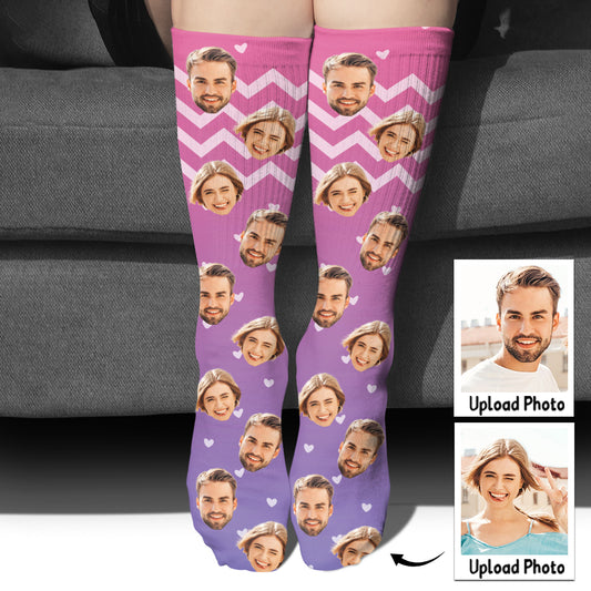 Chaussettes personnalisées pour couples, motif violet et visage personnalisé