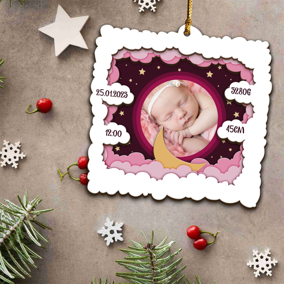 Photo de bébé personnalisée - Cadeau de naissance - Ornement en bois personnalisé à 3 niveaux