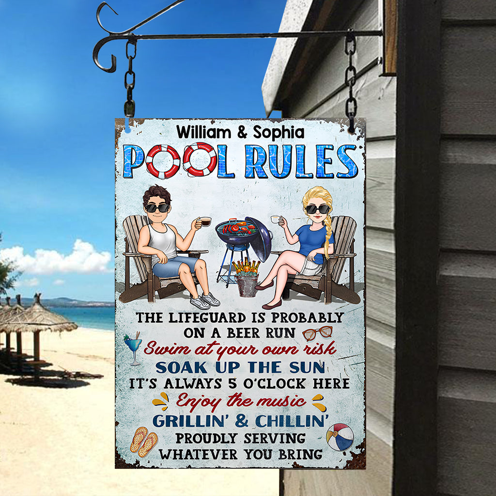 Pool Rules Swim At Your Own Risk - Personalized Backyard Rectangle Metal Sign