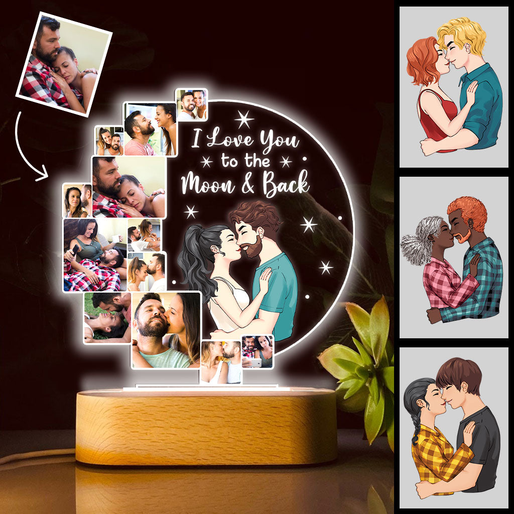 Je t'aime jusqu'à la lune et retour - Socle lumineux personnalisé pour couple - Plaque lumineuse en forme de couple