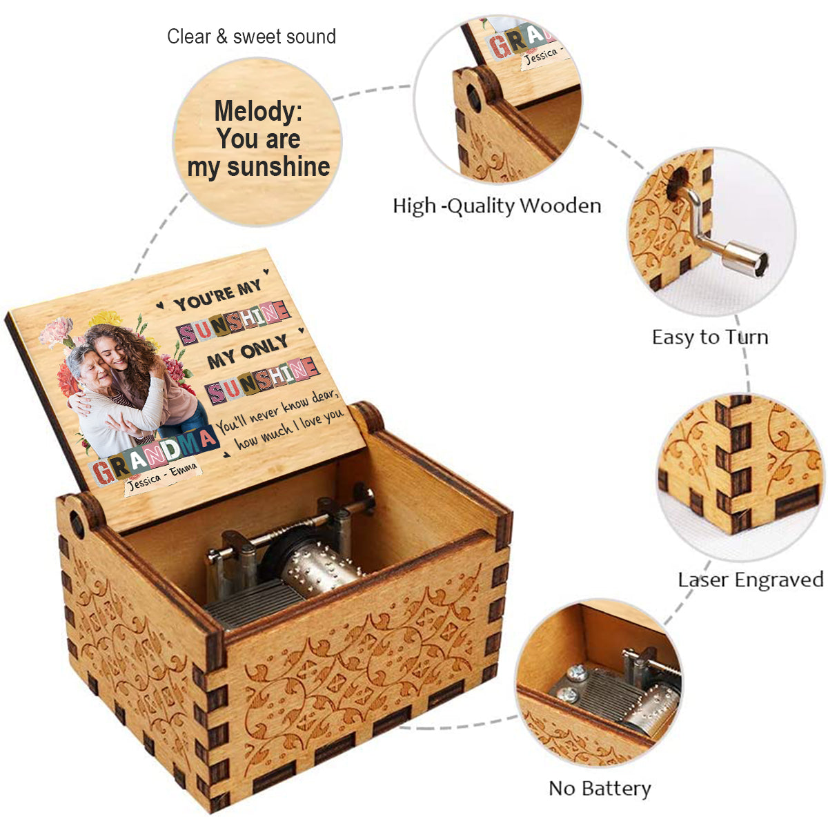 Tu es mon rayon de soleil - Cadeau pour maman, grand-mère - Boîte à musique à manivelle personnalisée