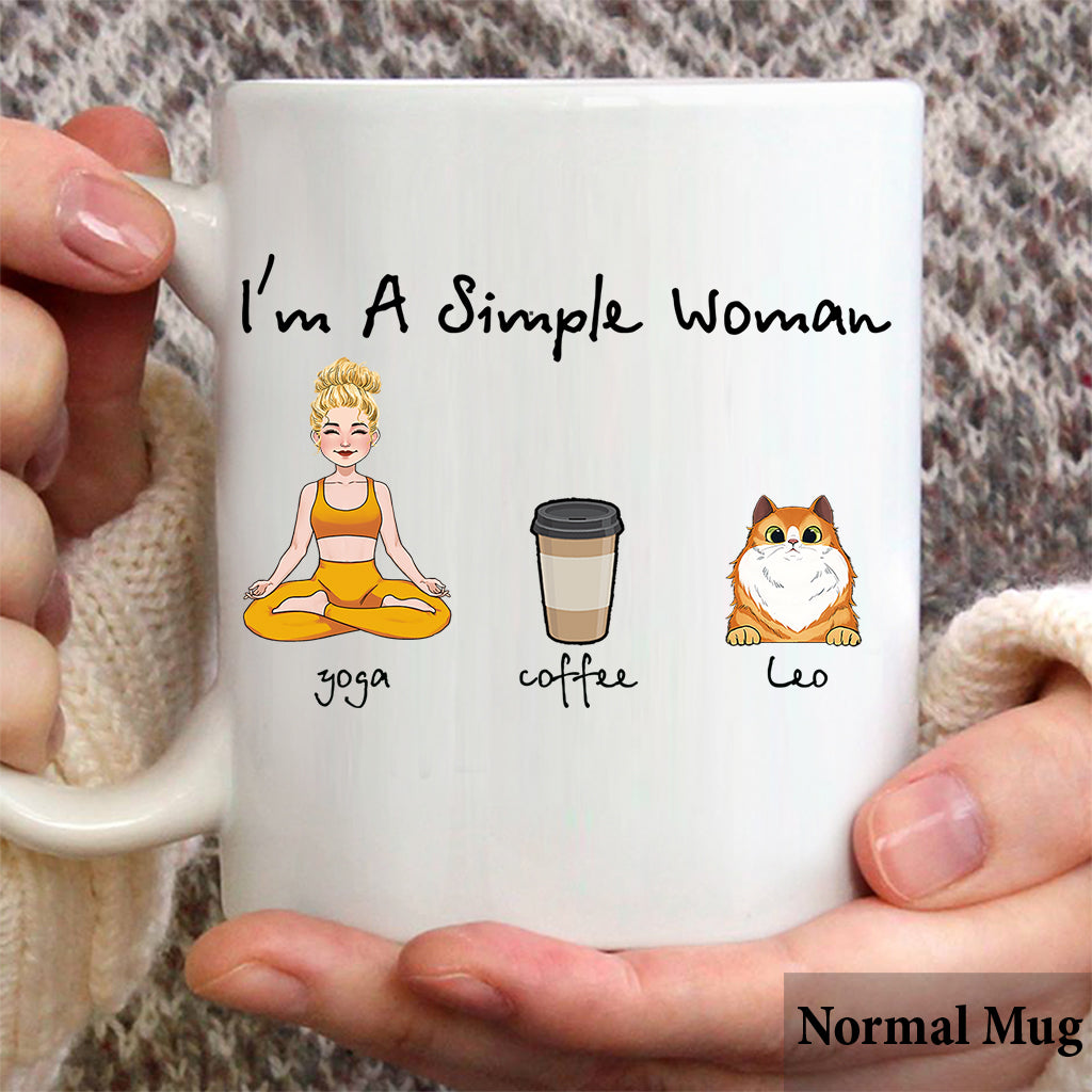 Je suis une femme simple - Mug personnalisé, cadeau de yoga pour les amoureux des chiens et des chats