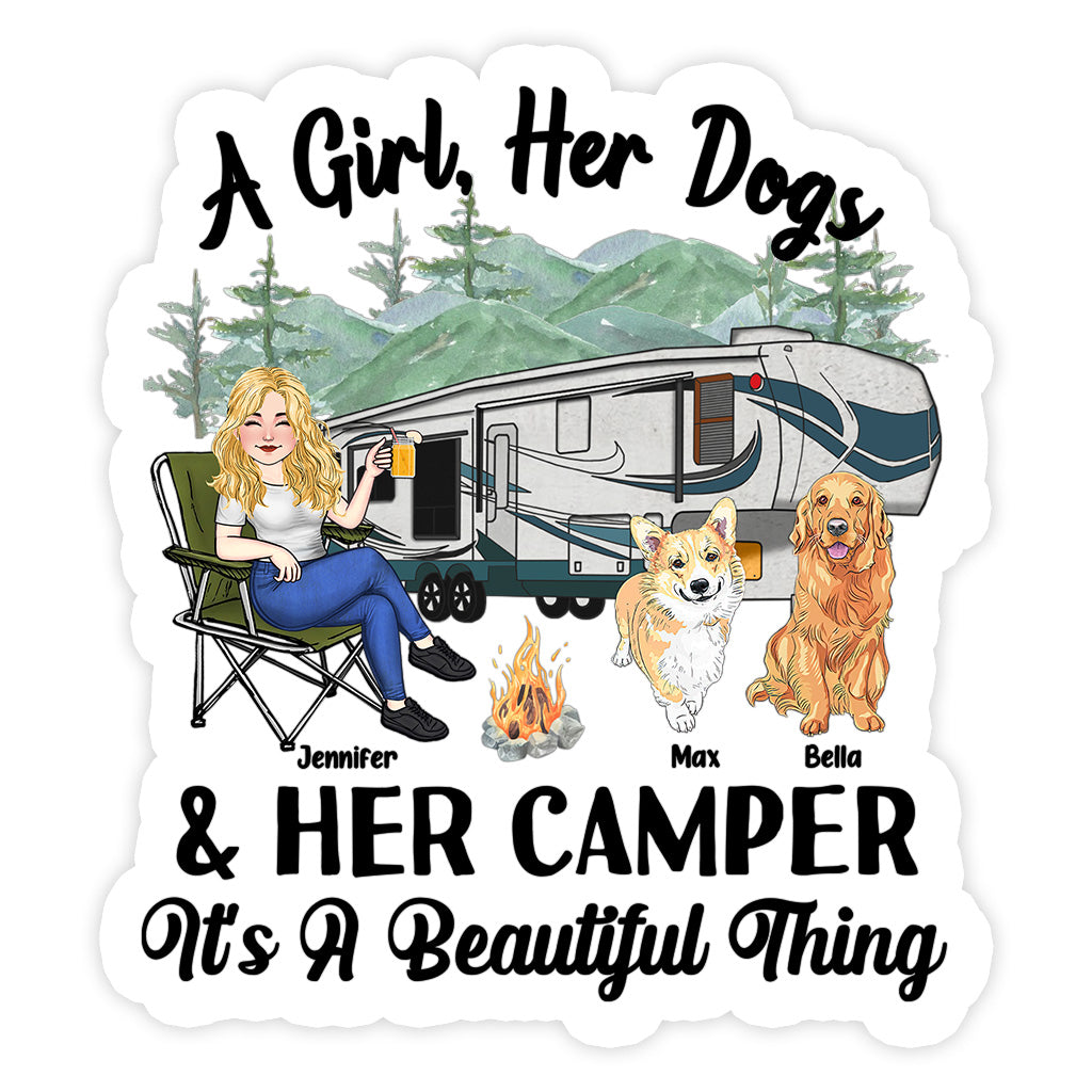 Une fille, son chien et sa caravane - Autocollant de camping personnalisé