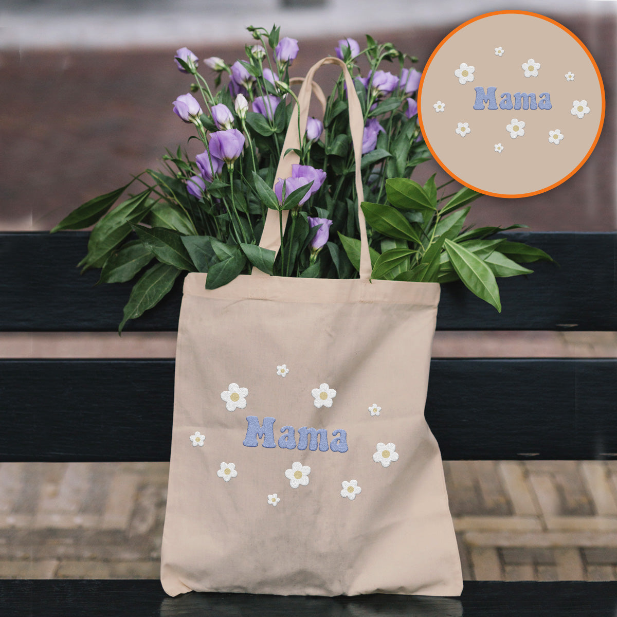 Sac fourre-tout brodé personnalisé avec nom et fleur - Nom personnalisé pour maman