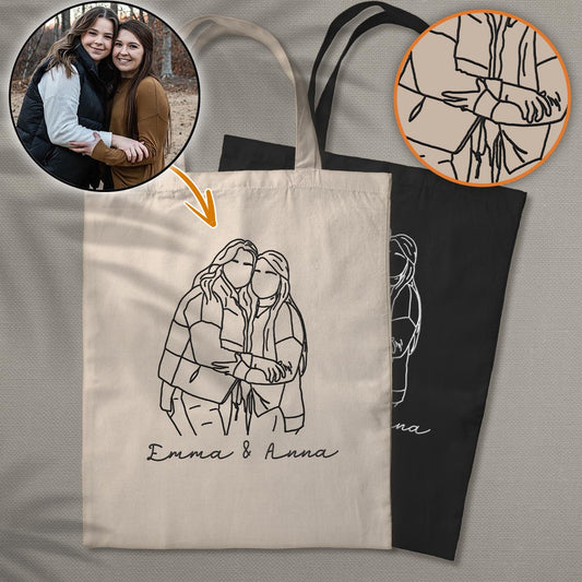 Custom Photo Line Art - Personalized Sibling Embroidered Tote Bag