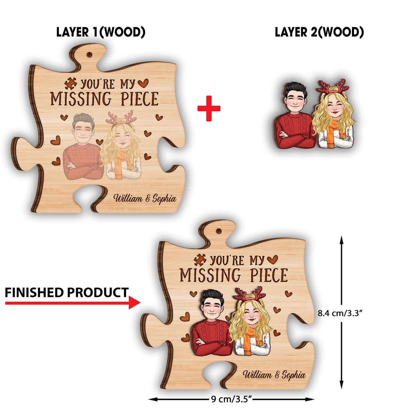 Tu es la pièce manquante de mon puzzle - cadeau pour épouse, époux, petite amie, petit ami - Ornement personnalisé à 2 couches