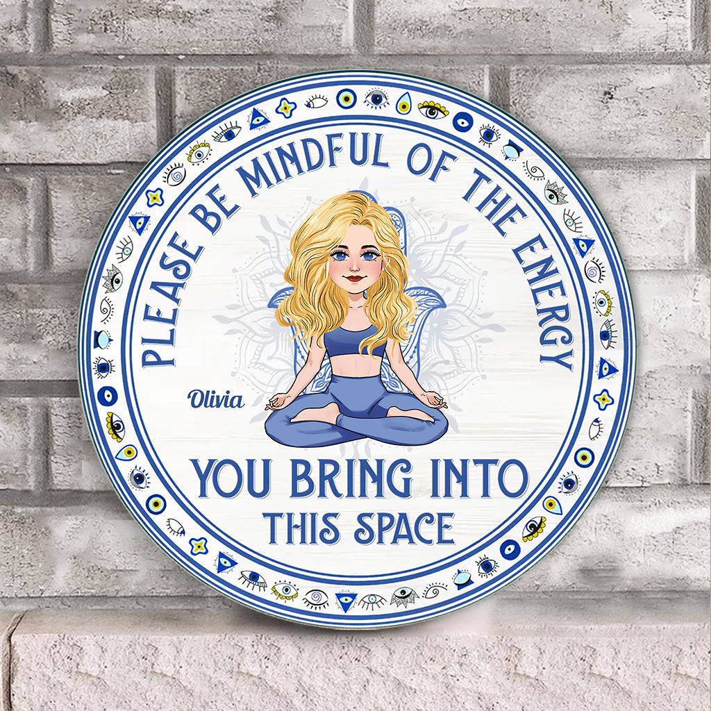Please Be Mindful - Personalized Yoga Round Wood Sign