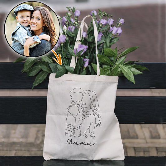 Sac fourre-tout brodé personnalisé avec photo au trait - Sac fourre-tout brodé personnalisé pour maman