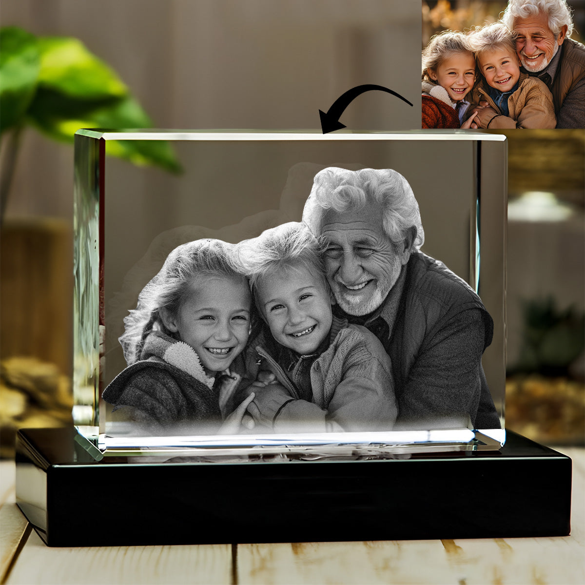 Lampe en cristal 3D cubique gravée au laser avec photo personnalisée - Grand-père