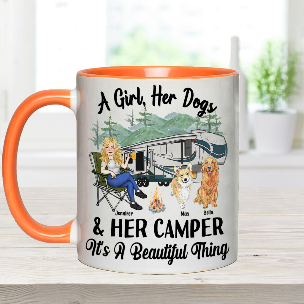 Une fille, son chien et sa caravane - Cadeau de camping pour les amoureux des chiens - Mug personnalisé