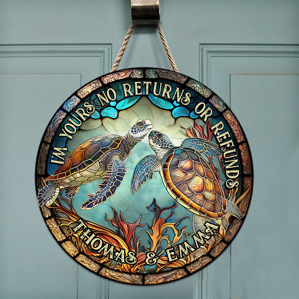 Couple de tortues en vitrail - Cadeau tortue pour mari, femme, petit ami, petite amie - Panneau rond en bois personnalisé