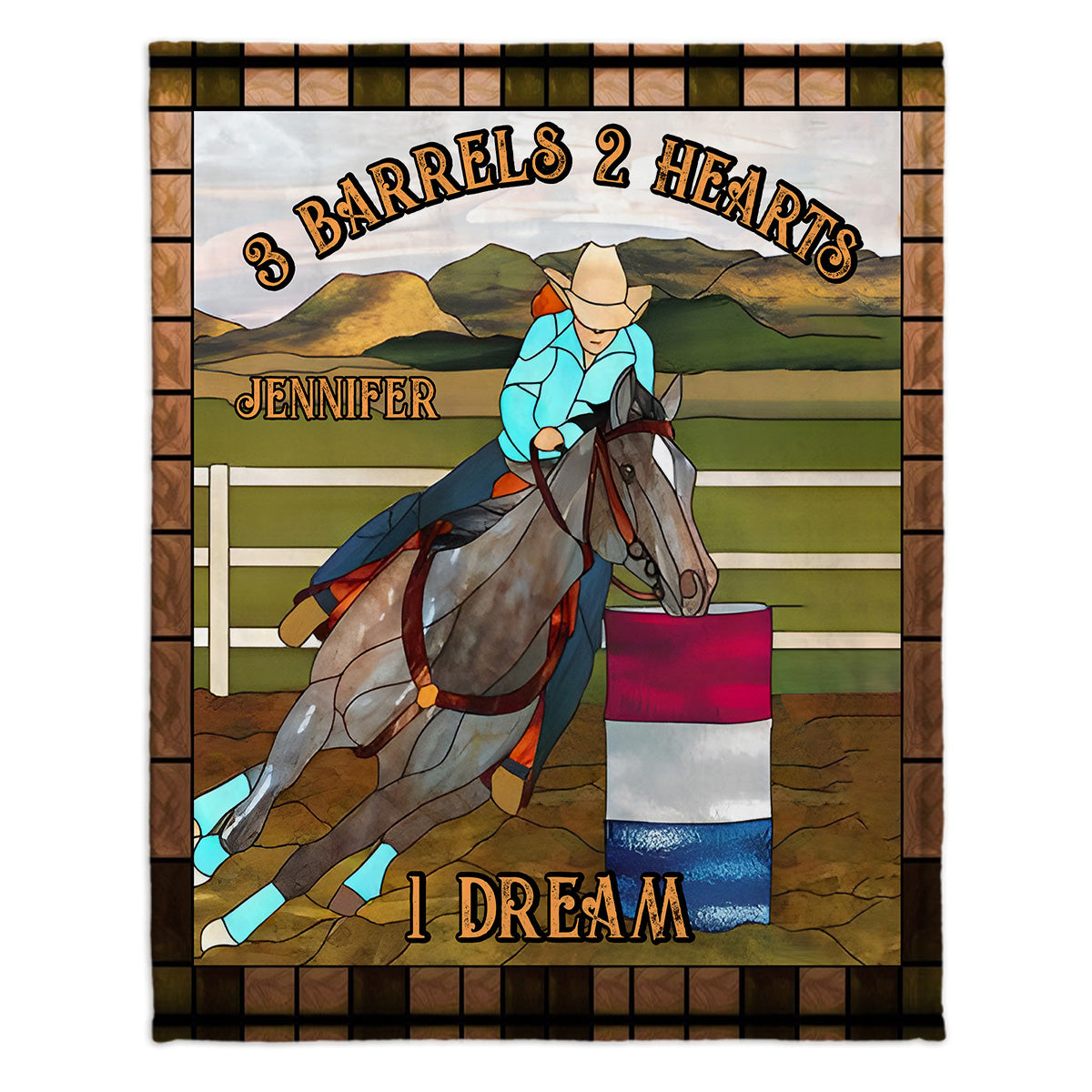 Couverture personnalisée pour chevaux « 3 barils, 2 cœurs, 1 rêve ».