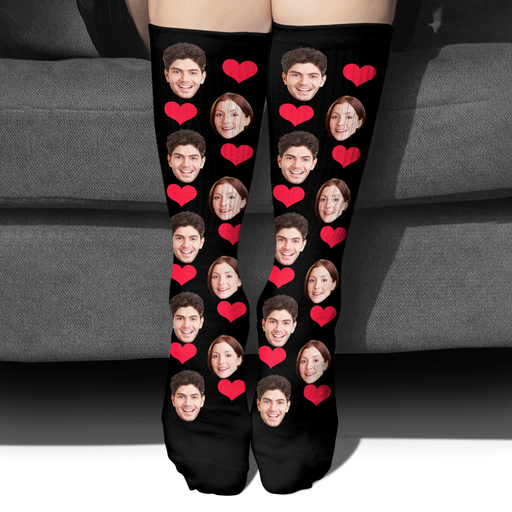 Chaussettes personnalisées pour couples avec motif cœur et visage personnalisé