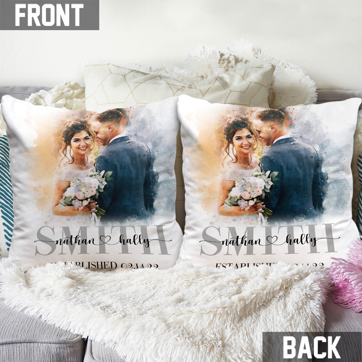 Coussin décoratif de mariage personnalisé avec aquarelle - Cadeau de mariage personnalisé