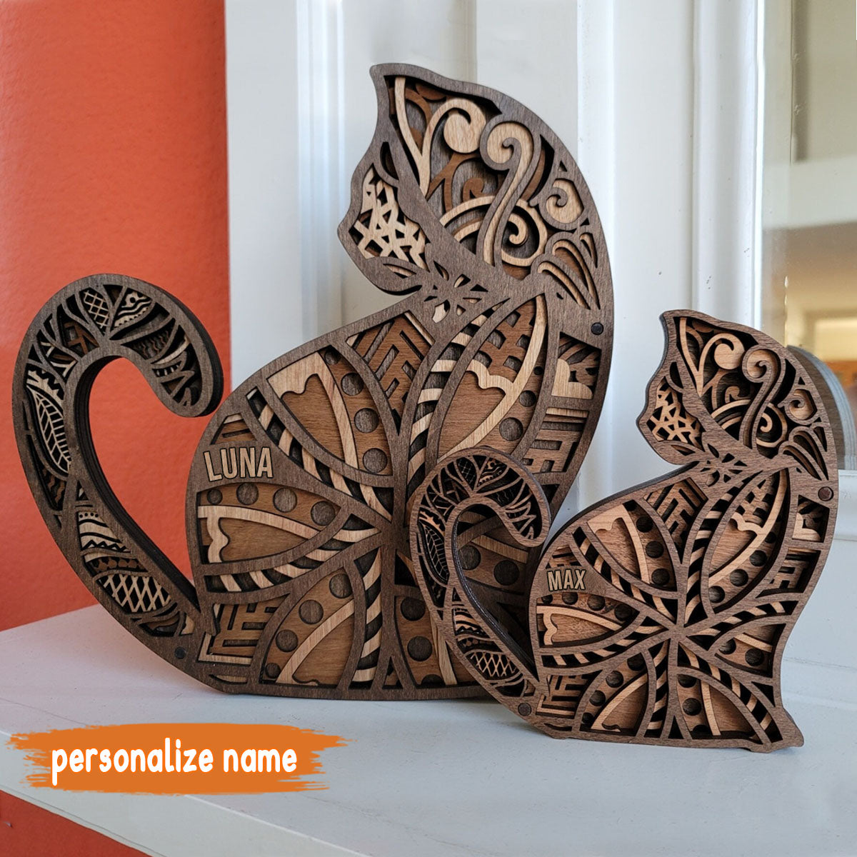 Sculpture de chat en bois personnalisée et artisanale - Chat personnalisé en bois à 4 couches