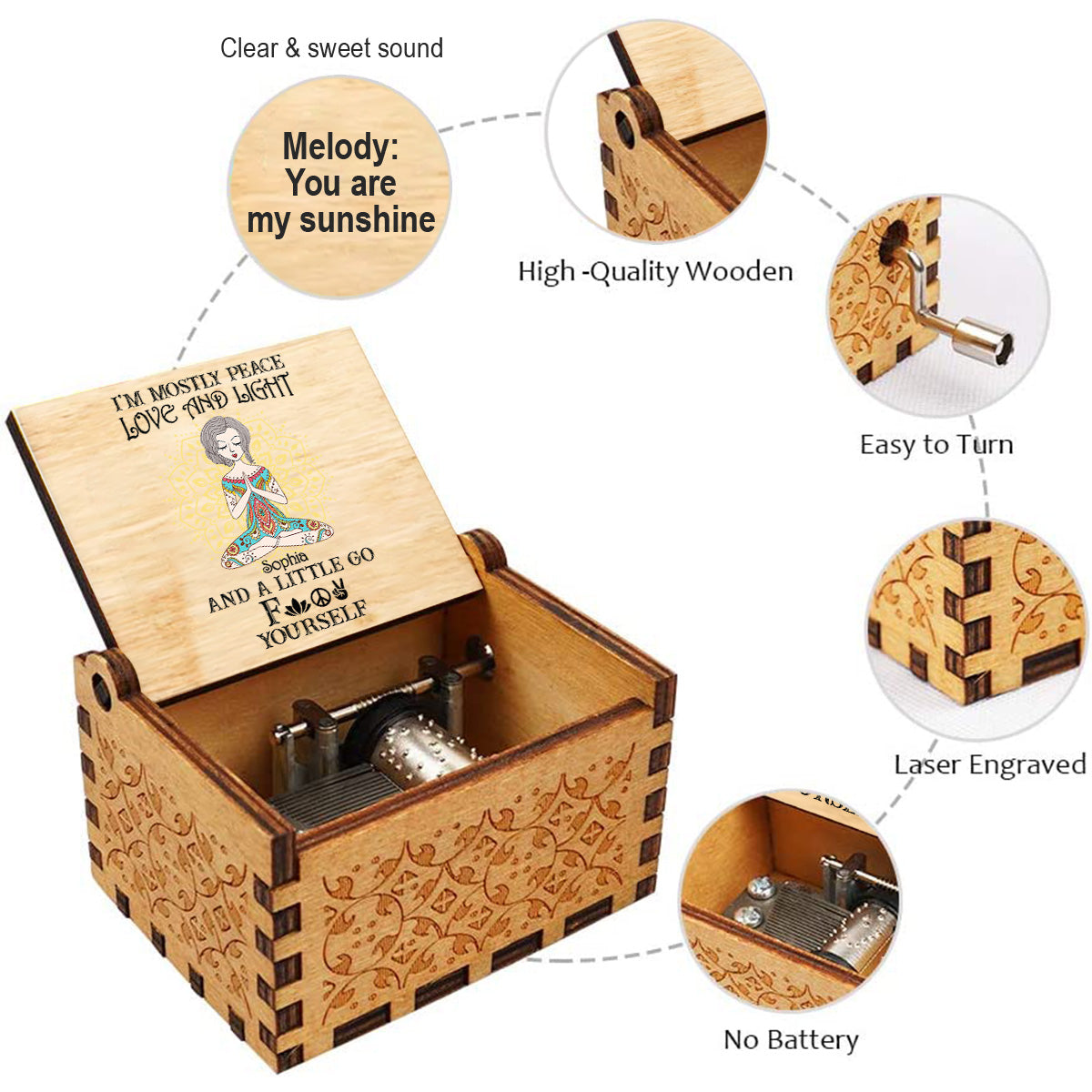 Je suis principalement paix, amour et lumière - Boîte à musique personnalisée à manivelle pour le yoga