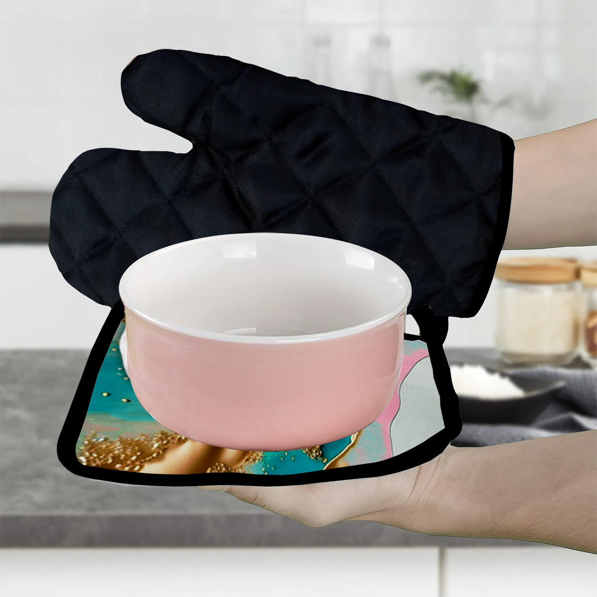 Ensemble de gants de cuisine et maniques personnalisés « Love Baking »