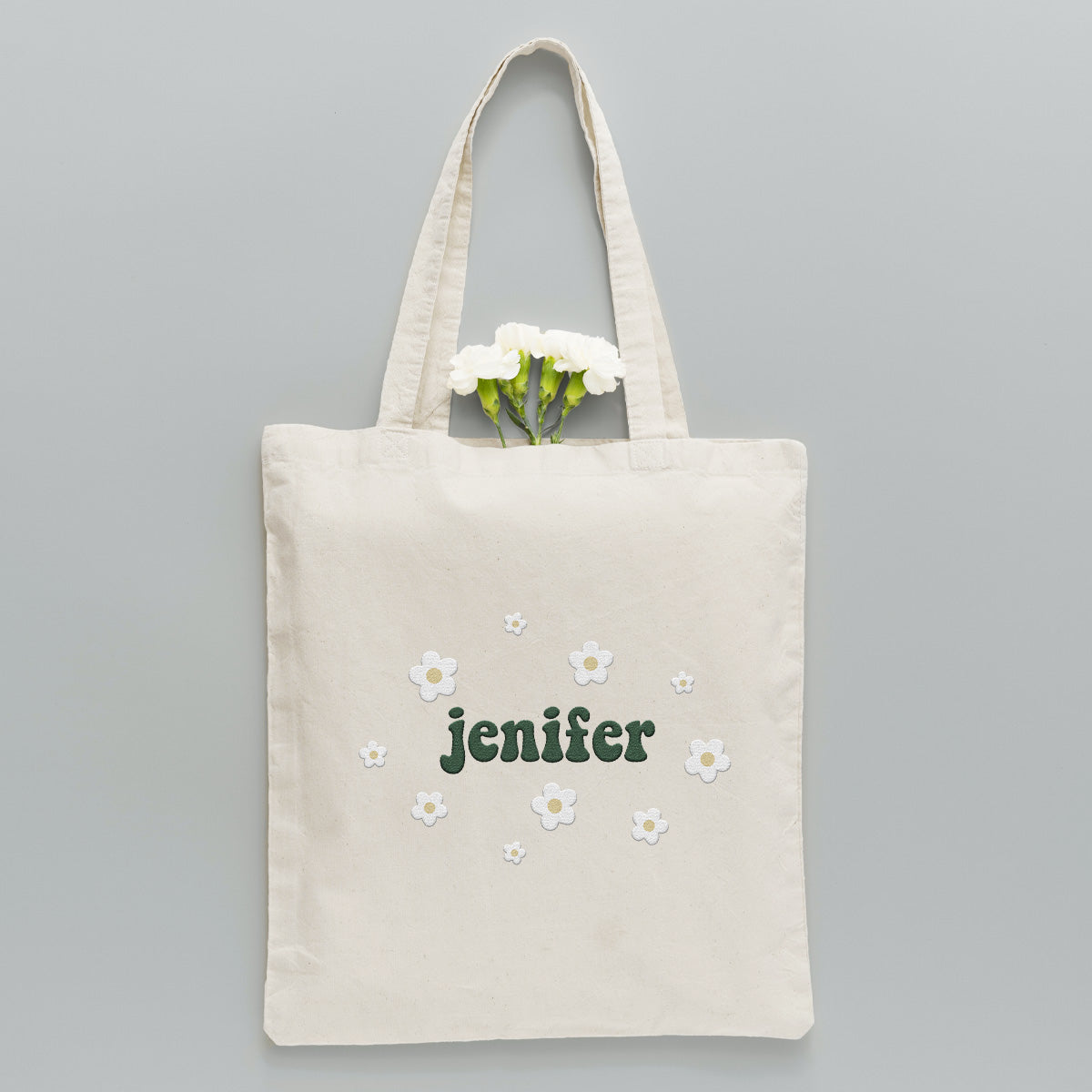 Sac fourre-tout brodé personnalisé avec nom et fleur pour couple