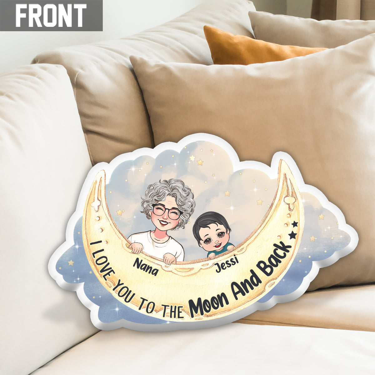 Je t'aime jusqu'à la lune et retour - Coussin personnalisé en forme de grand-mère