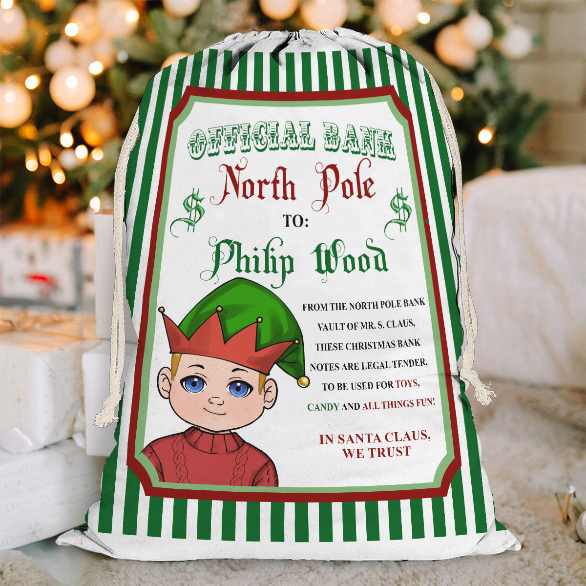 Banque officielle du Pôle Nord - Sac fourre-tout à cordon personnalisé pour petit-fils