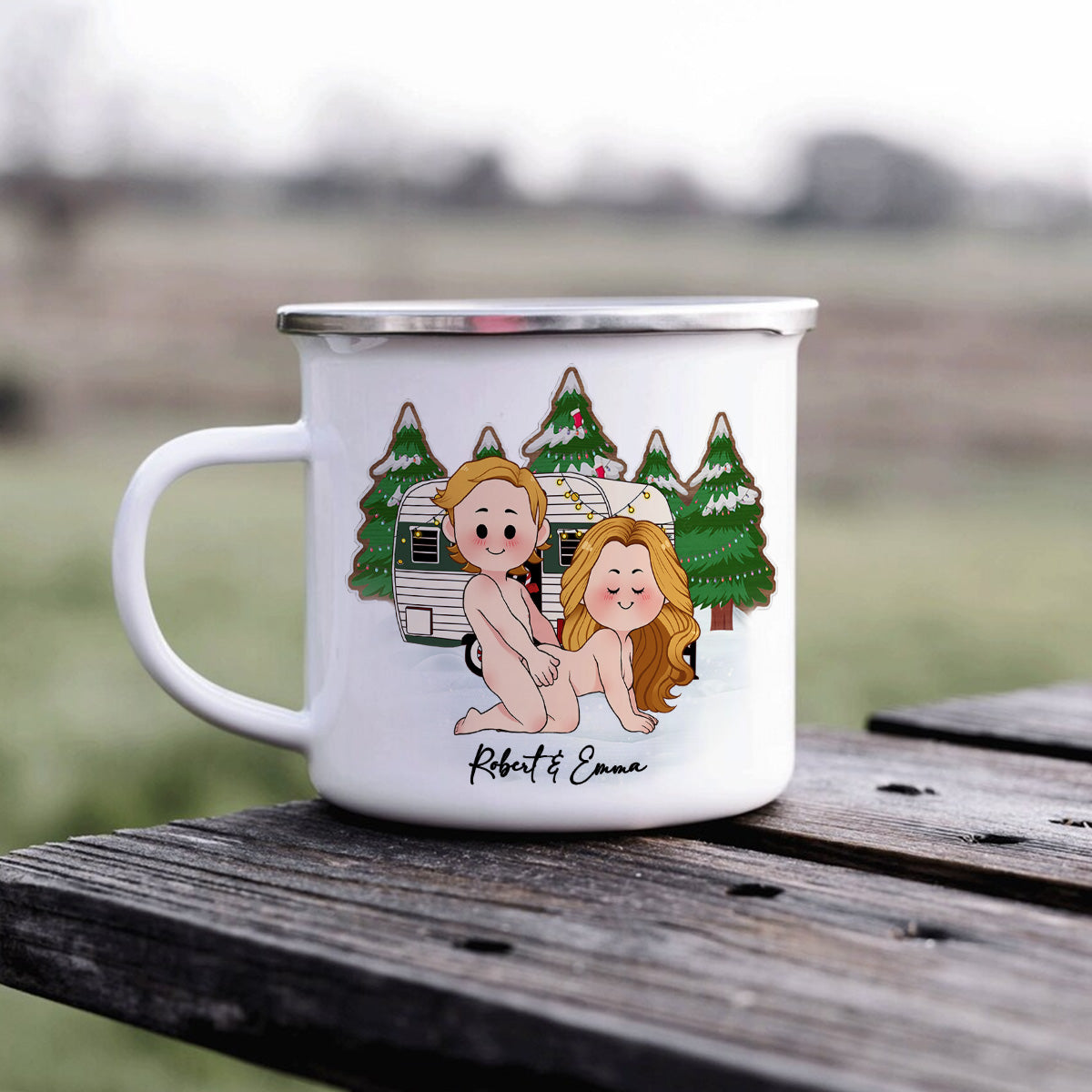 Être ensemble, c'est notre endroit préféré - Mug de camping personnalisé en émail