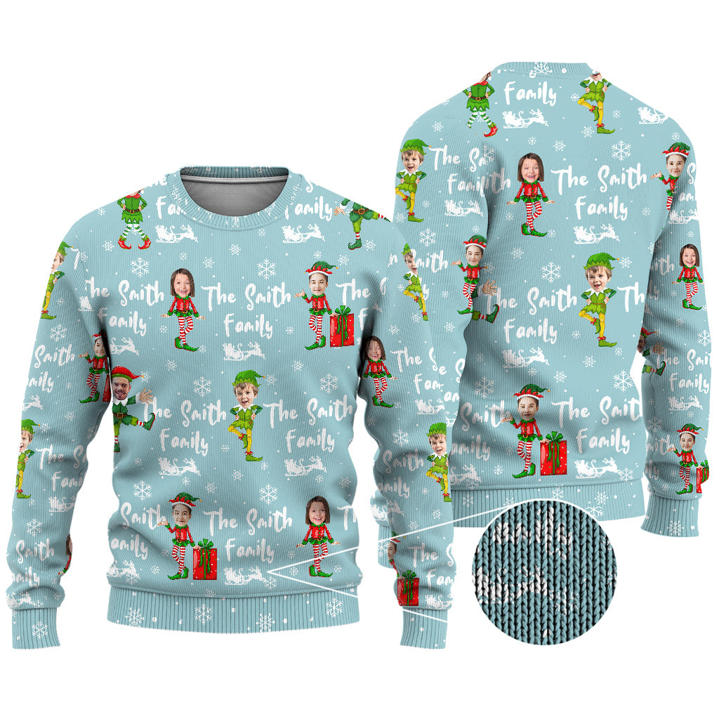 Pull moche bleu des lutins de Noël - Pull moche personnalisé pour toute la famille