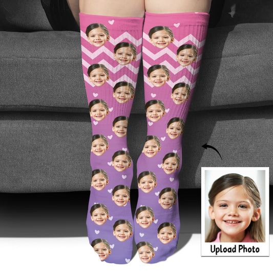 Chaussettes personnalisées pour enfants, motif violet et visage personnalisé