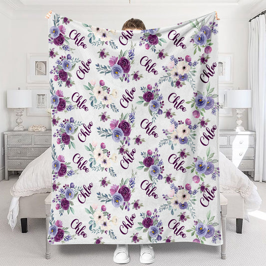 Custom Dog Name Purple Flowers - Personalized Dog Blanket