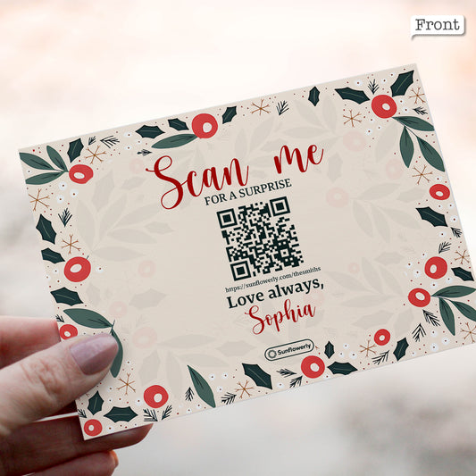 Carte de vœux personnalisée QR Code « Joyeux Noël » avec feuilles et baies