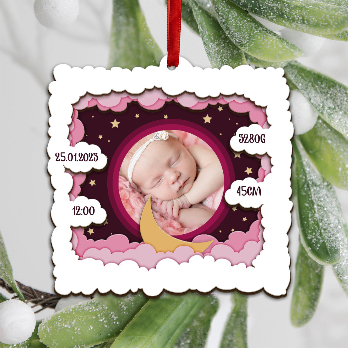Photo de bébé personnalisée - Cadeau de naissance - Ornement en bois personnalisé à 3 niveaux