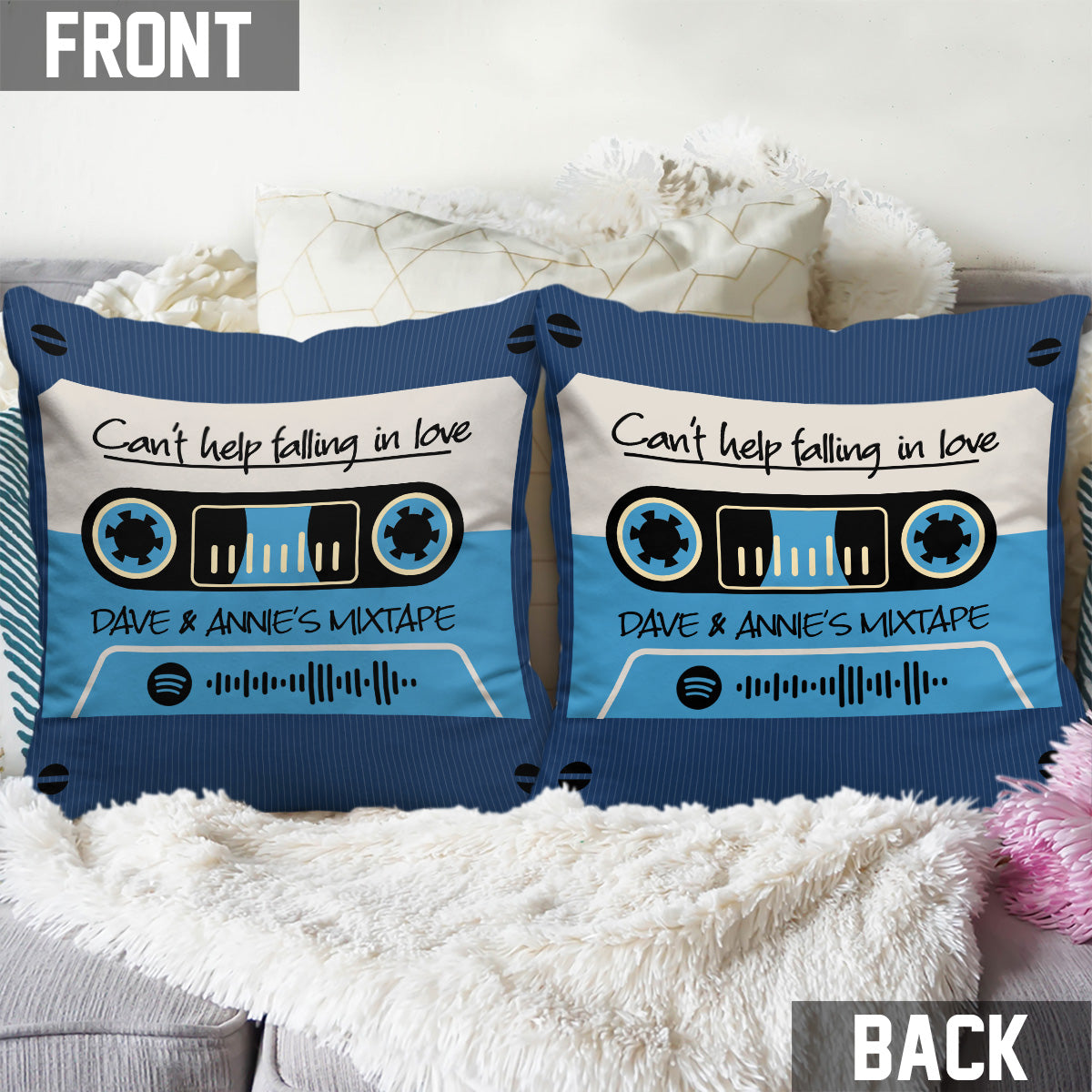 Coussin décoratif personnalisé pour couple avec un code QR à scanner et de nombreuses couleurs de fond, orné d'une mixtape personnalisée pour chaque couple.