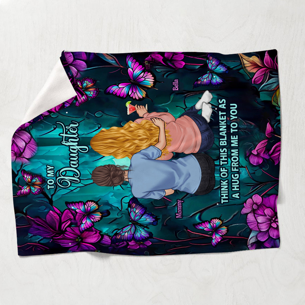 Couverture papillon turquoise et violette - Cadeau pour fille, petite-fille - Couverture personnalisée