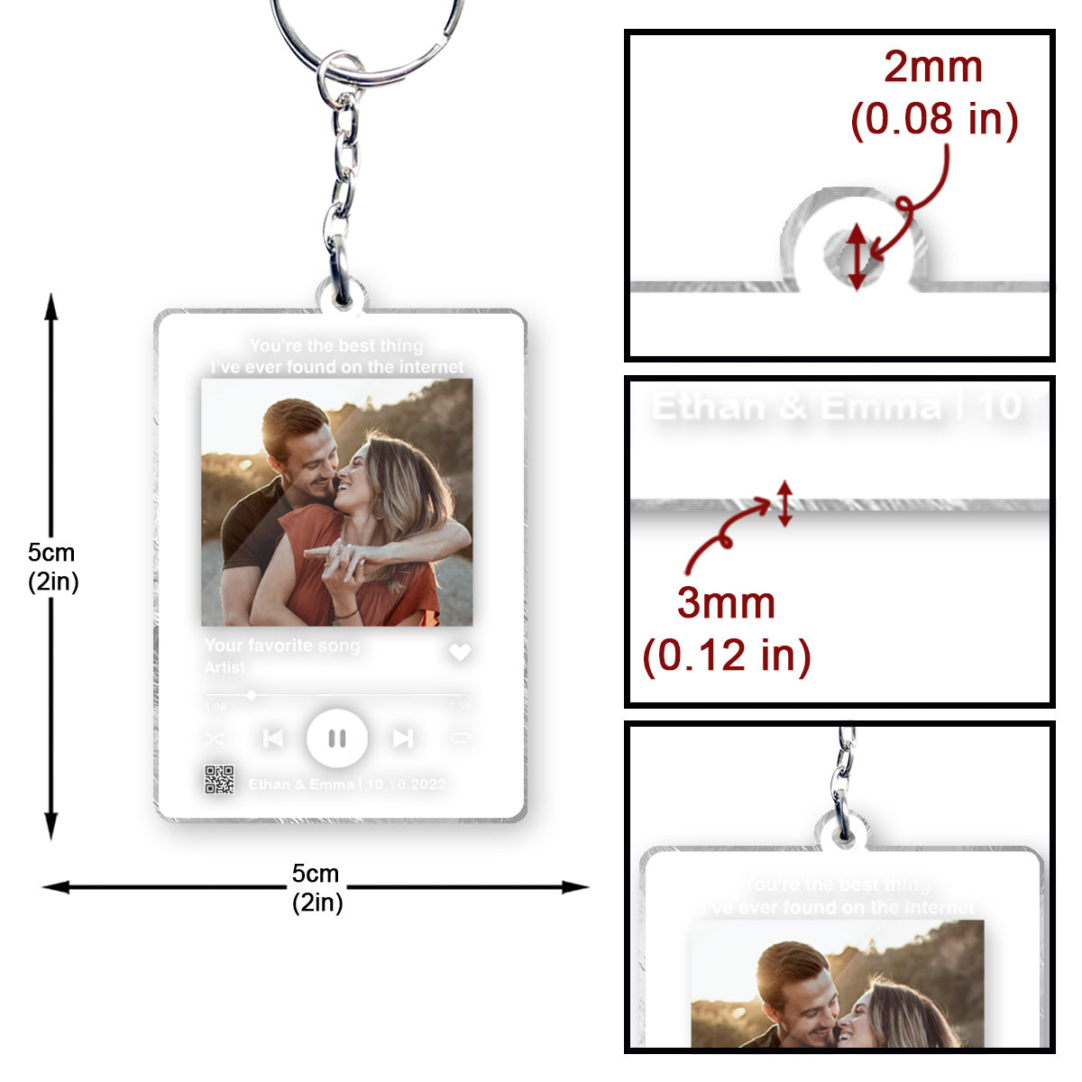 Porte-clés transparent personnalisé pour couple avec photo et chanson préférée (code QR scannable)