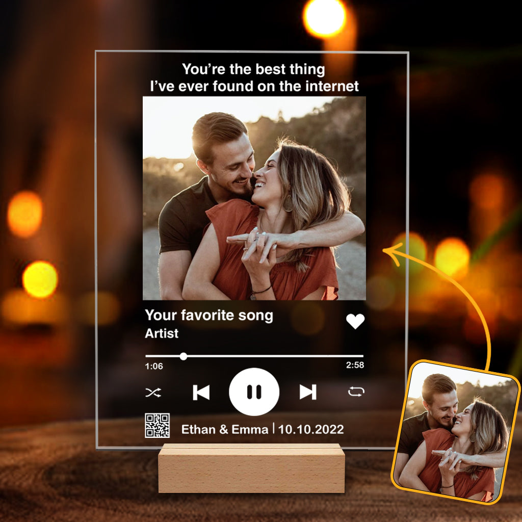 Plaque acrylique transparente personnalisée pour couple avec photo et chanson préférée (code QR scannable).