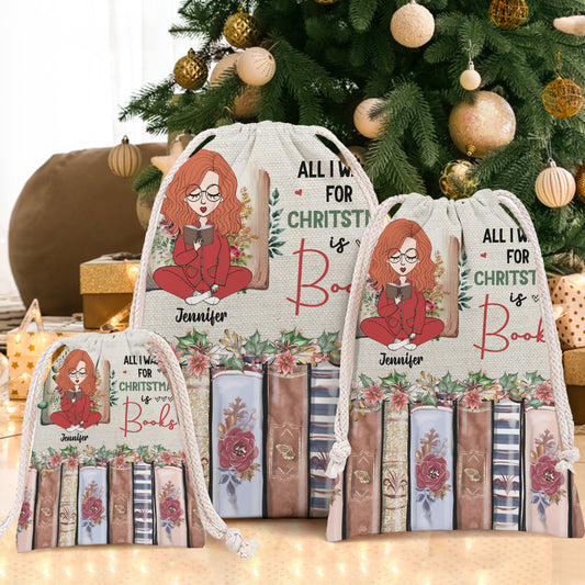Tout ce que je veux pour Noël, ce sont des livres - Sac fourre-tout à cordon personnalisé avec des livres