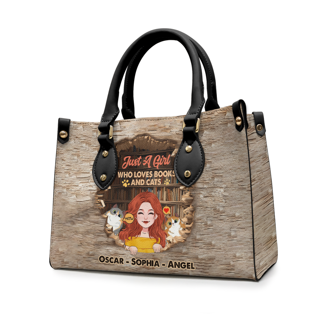 Sac à main en cuir personnalisé « J’aime les livres et les chats »