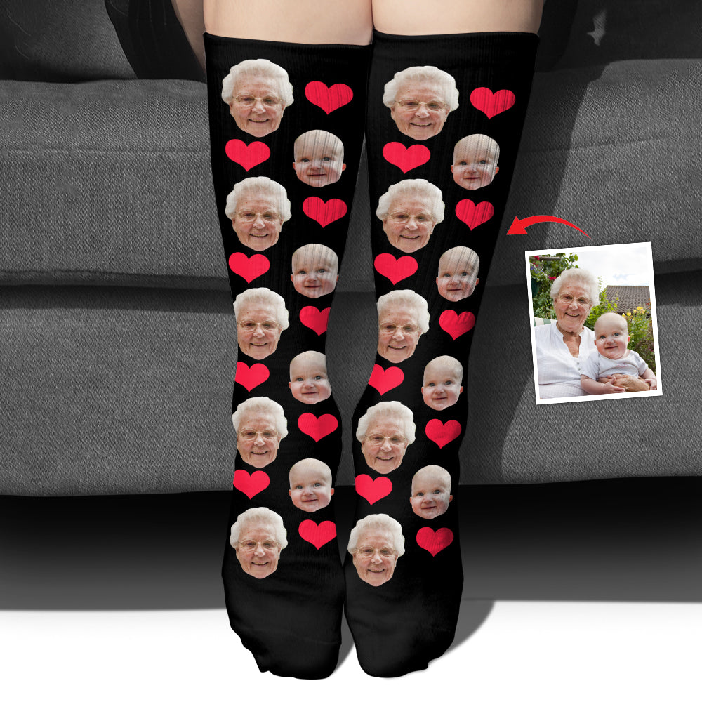 Custom Face Heart Pattern - Personalized Grandma Socks