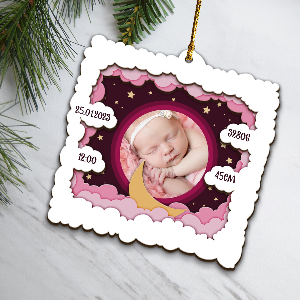 Photo de bébé personnalisée - Cadeau de naissance - Ornement en bois personnalisé à 3 niveaux